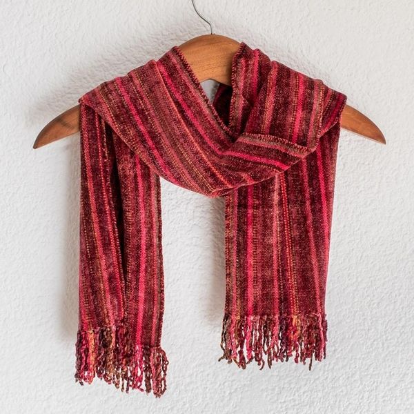 Alternate image for Rayon Chenille Hand Woven Guatemalan Scarf Bright Berries