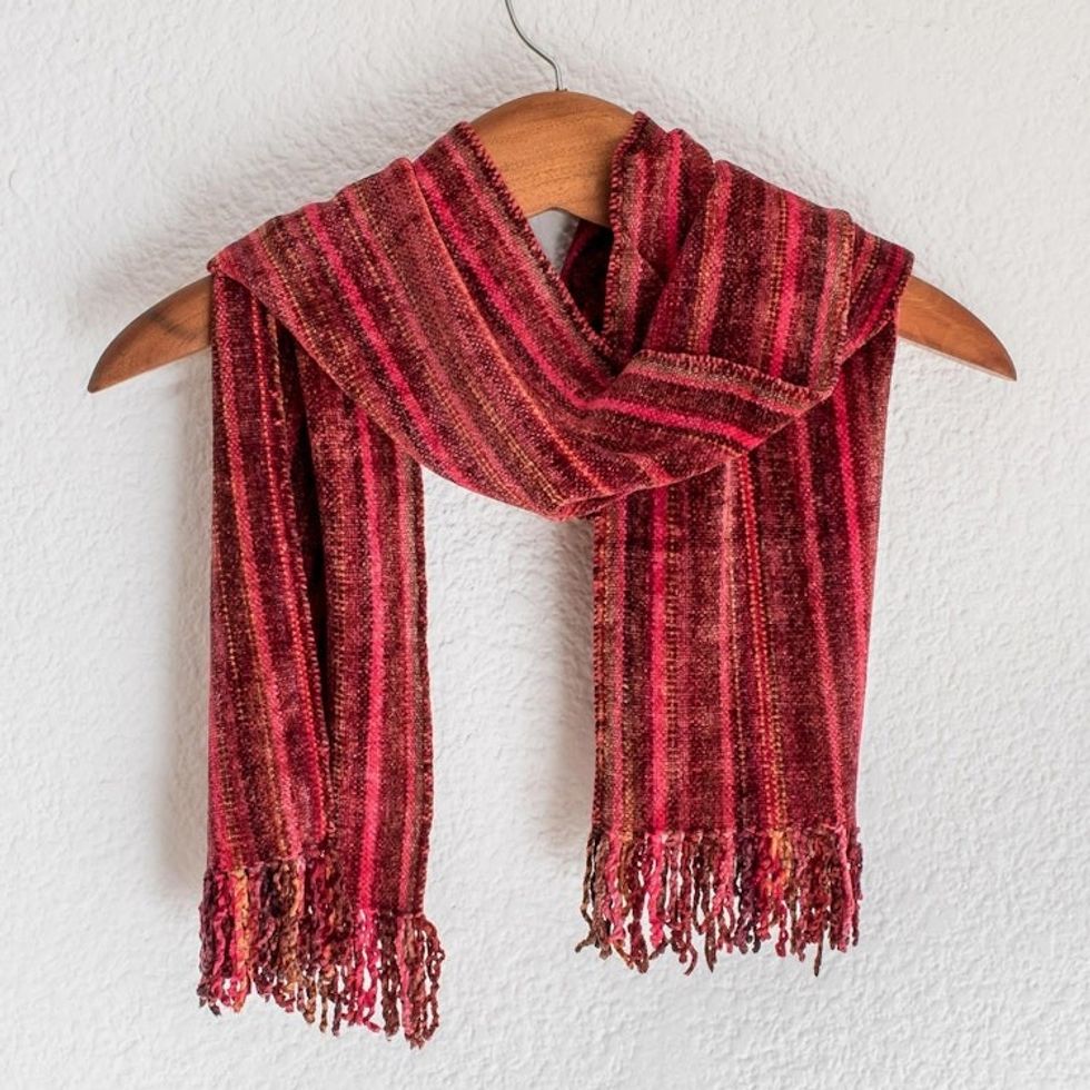 Rayon Chenille Hand Woven Guatemalan Scarf 'Bright Berries'