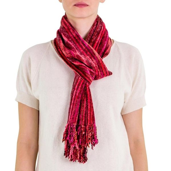 Alternate image for Rayon Chenille Hand Woven Guatemalan Scarf Bright Berries