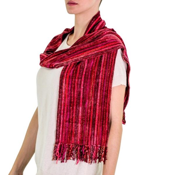Alternate image for Rayon Chenille Hand Woven Guatemalan Scarf Bright Berries