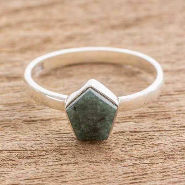 Alternate image for Dark Green Jade Pentagon and Sterling Silver Cocktail Ring Striking in Dark Green