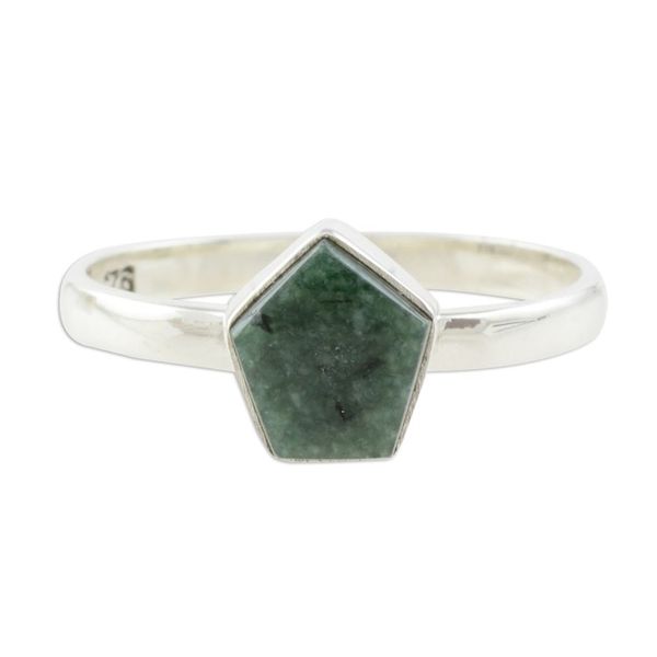 Alternate image for Dark Green Jade Pentagon and Sterling Silver Cocktail Ring Striking in Dark Green