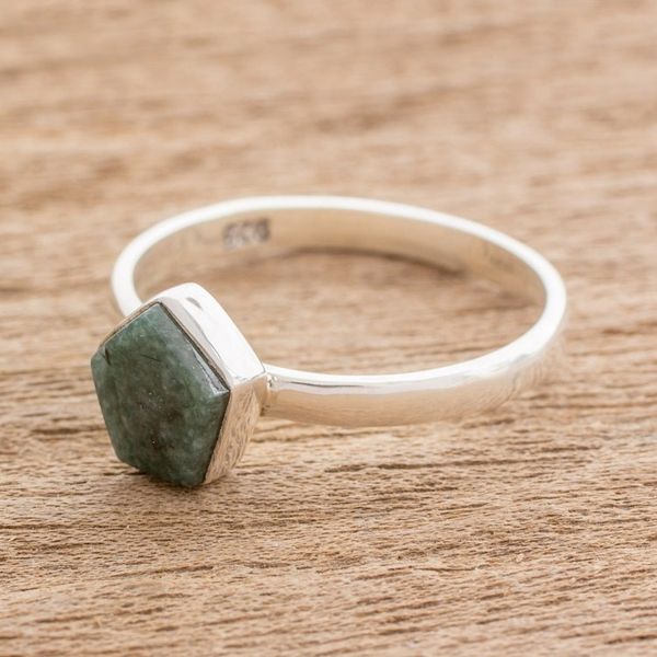 Alternate image for Dark Green Jade Pentagon and Sterling Silver Cocktail Ring Striking in Dark Green