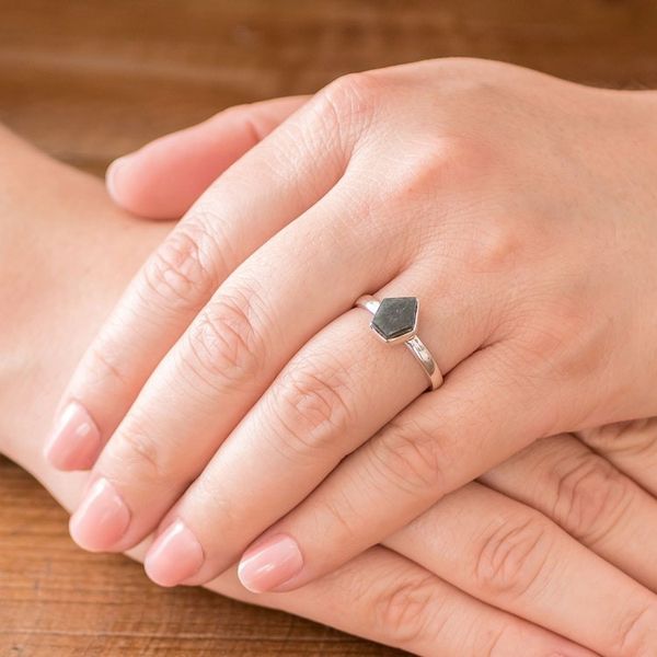 Alternate image for Dark Green Jade Pentagon and Sterling Silver Cocktail Ring Striking in Dark Green