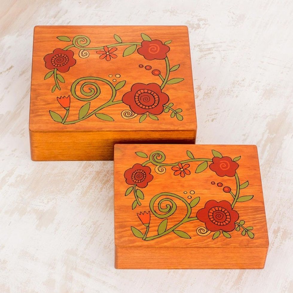 Square Pinewood Red-Orange Flowers Decorative Boxes Pair 'Glorious Garden'