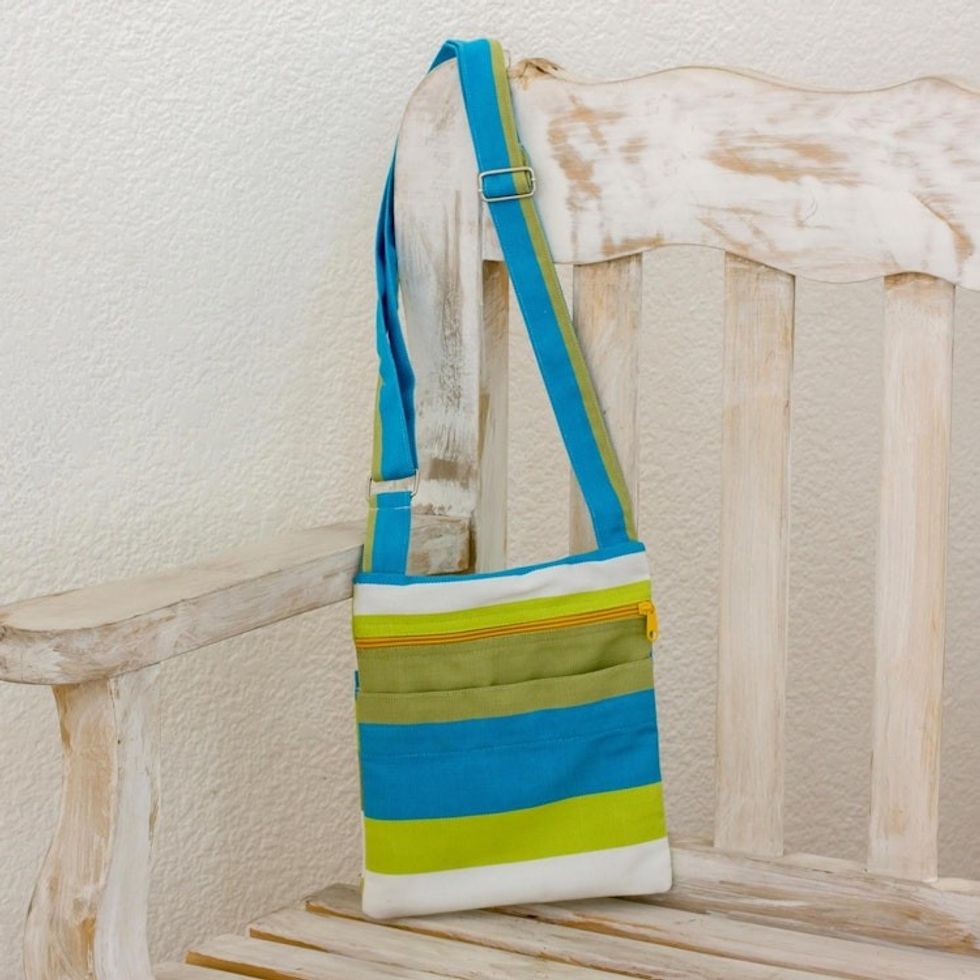 Handwoven Striped Cotton Sling Handbag from El Salvador 'Citron Combination'