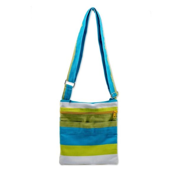 Alternate image for Handwoven Striped Cotton Sling Handbag from El Salvador Citron Combination