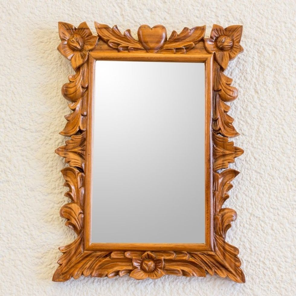 Guatemalan Fair Trade Flowers and Hearts Wood Wall Mirror 'Reflecting Love'
