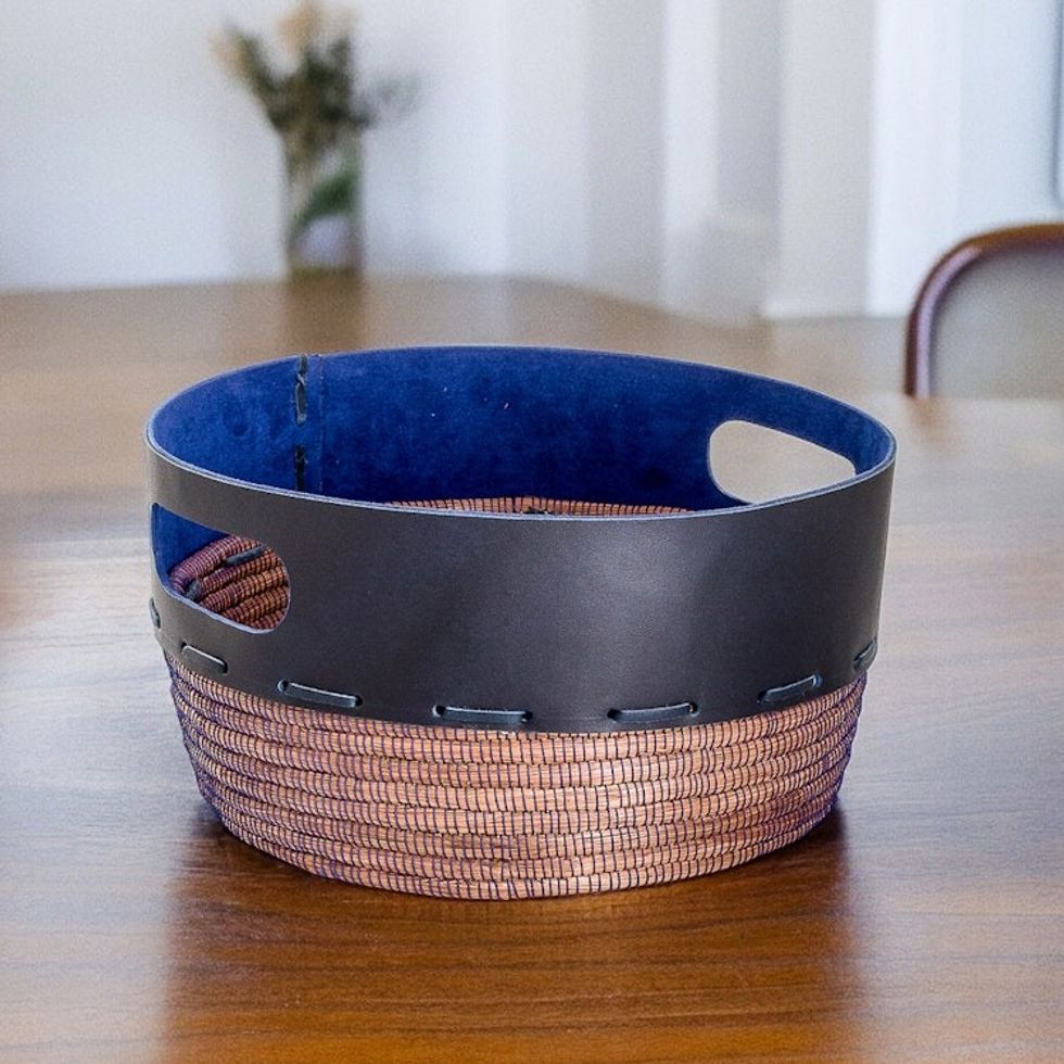 Artisan Crafted Blue Leather and Pine Decorative Basket 'Vibrant'
