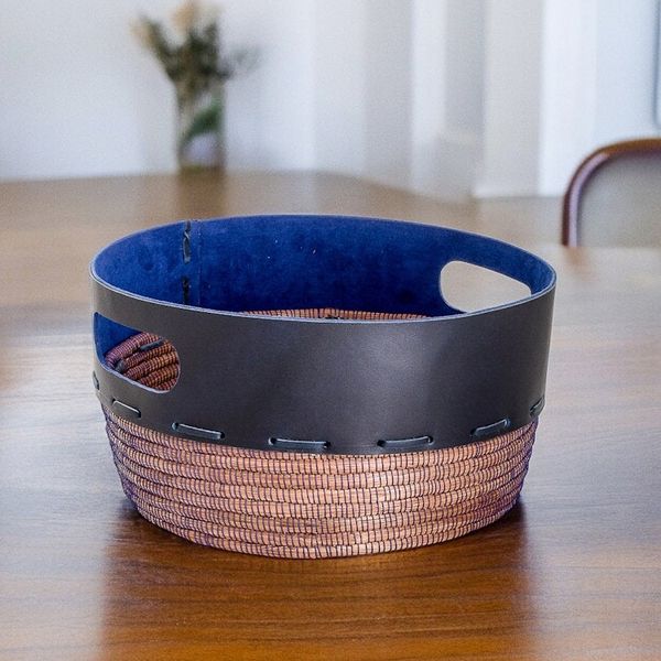 Alternate image for Artisan Crafted Blue Leather and Pine Decorative Basket Vibrant