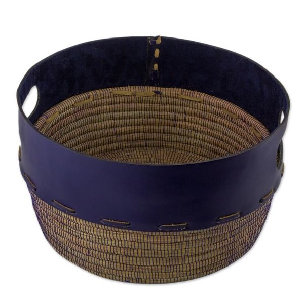 Alternate image for Artisan Crafted Blue Leather and Pine Decorative Basket Vibrant
