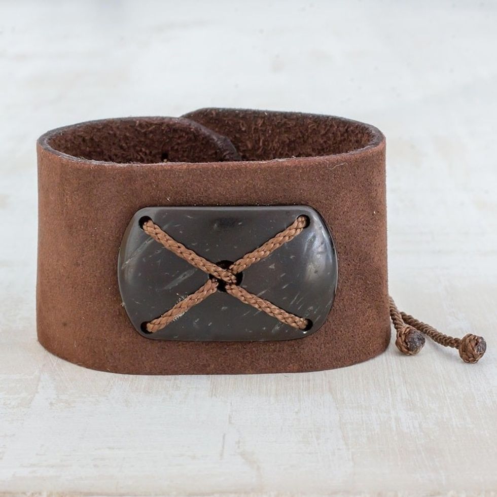 Brown Leather Coconut Shell Pendant Wristband Bracelet 'Powerful'