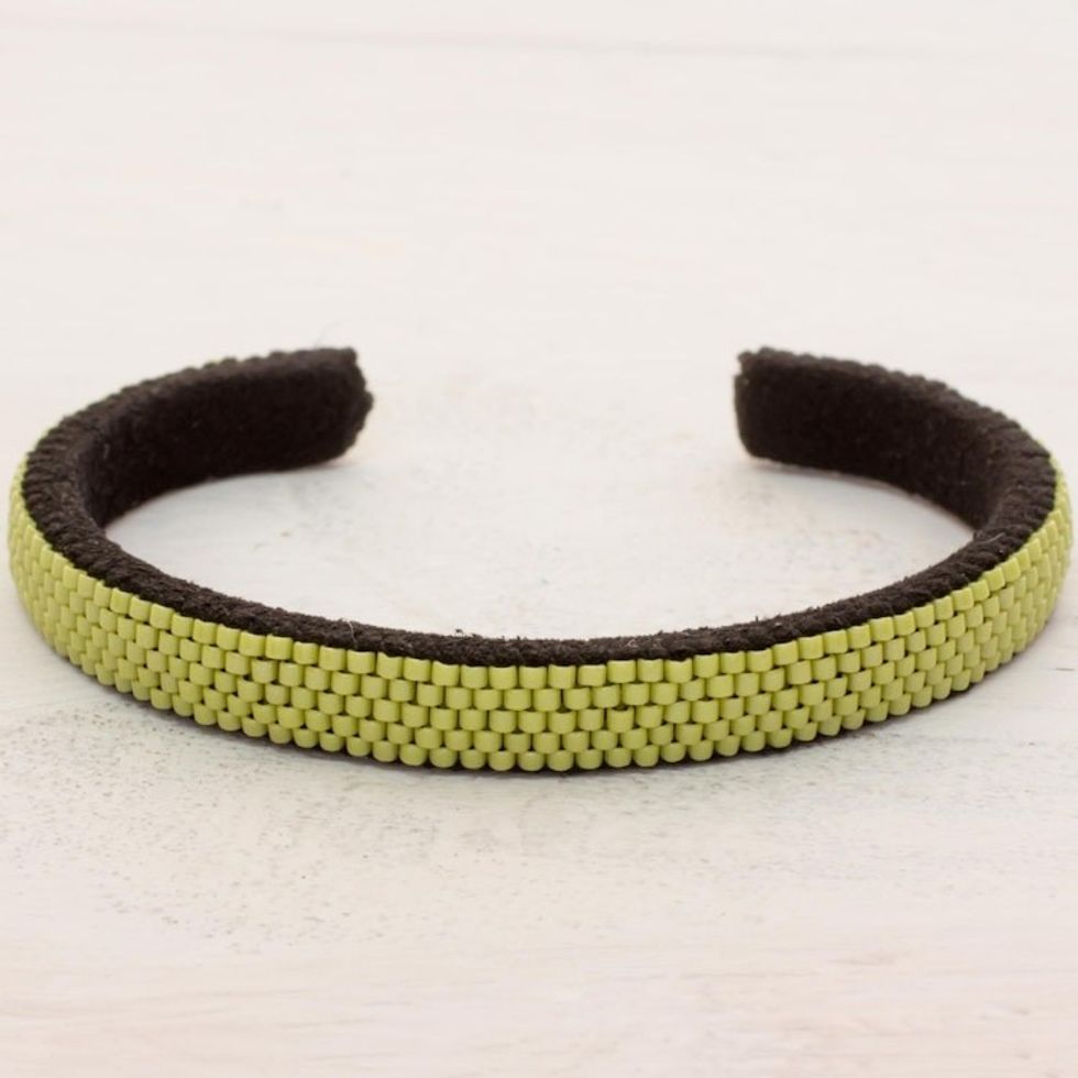 Glass Beaded Cuff Bracelet in Solid Avocado from El Salvador 'Beautiful Horizon in Avocado'