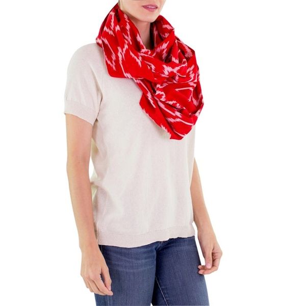 Alternate image for Red White Patterned Infinity Scarf in Hand Woven Cotton Ruby Maya