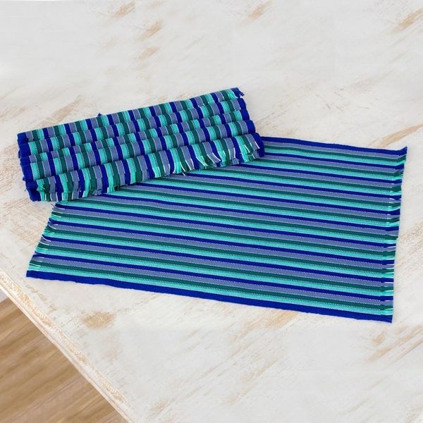 Alternate image for Set of Six Striped Cotton Placemats in Blue from Guatemala Colors of the Sea