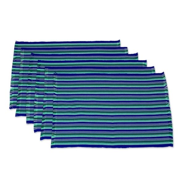 Alternate image for Set of Six Striped Cotton Placemats in Blue from Guatemala Colors of the Sea
