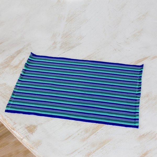 Alternate image for Set of Six Striped Cotton Placemats in Blue from Guatemala Colors of the Sea
