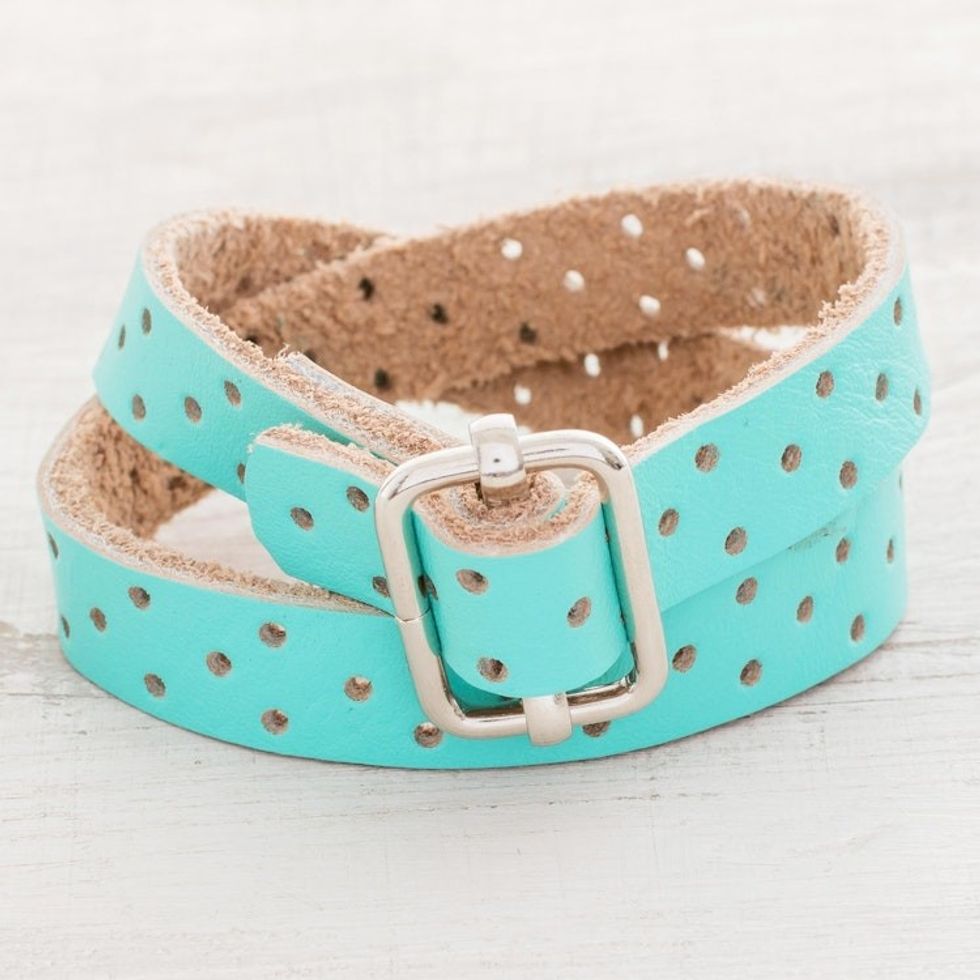 Aqua Leather Wrap Bracelet from Costa Rica 'Bold Illusion in Aqua'