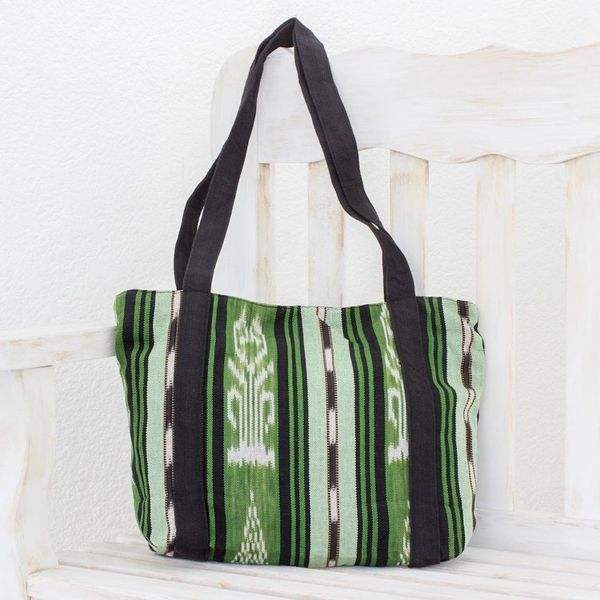Alternate image for Green and Black Stripe Handwoven Cotton Lined Tote 13 Inch Glorious Stripes