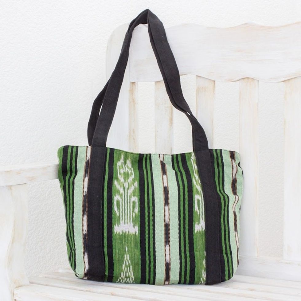 Green and Black Stripe Handwoven Cotton Lined Tote 13 Inch 'Glorious Stripes'