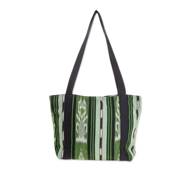 Alternate image for Green and Black Stripe Handwoven Cotton Lined Tote 13 Inch Glorious Stripes