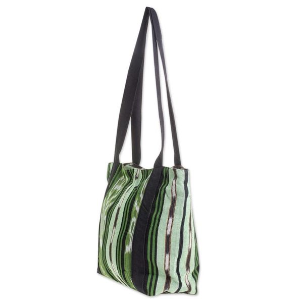 Alternate image for Green and Black Stripe Handwoven Cotton Lined Tote 13 Inch Glorious Stripes