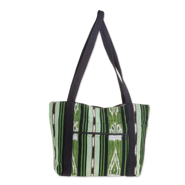 Alternate image for Green and Black Stripe Handwoven Cotton Lined Tote 13 Inch Glorious Stripes
