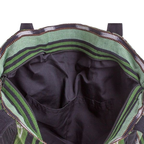 Alternate image for Green and Black Stripe Handwoven Cotton Lined Tote 13 Inch Glorious Stripes