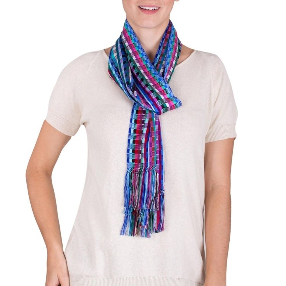 Guatemalan Loom Woven Checkerboard Pattern Rayon Scarf 'Checkerboard'