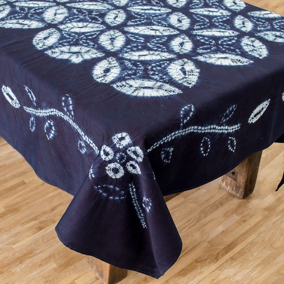 Flower of Life Indigo Cotton Batik Hand Crafted Tablecloth 'Flower of Life'