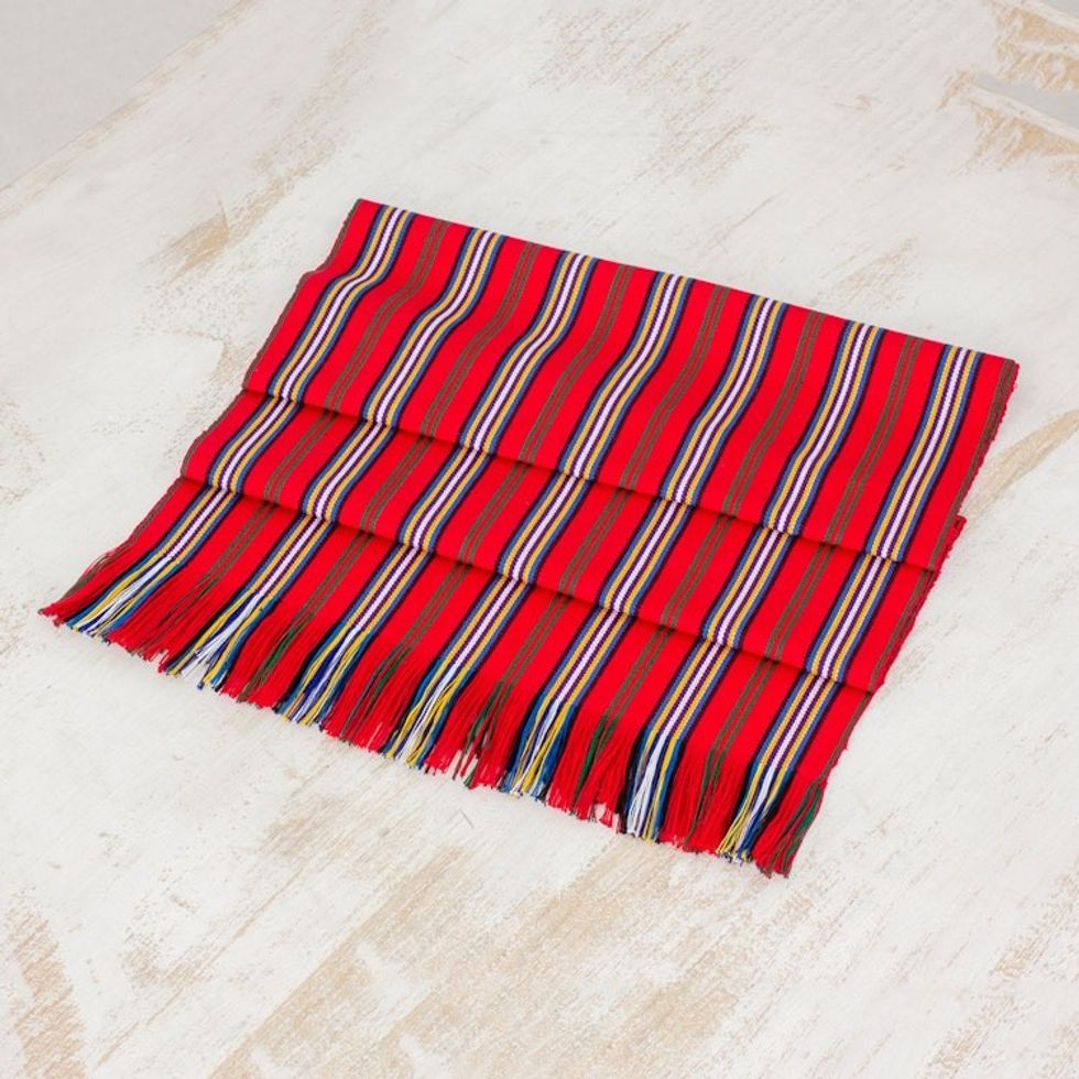 Red Striped 100 Cotton Table Runner from Guatemala 'Latin Festival'