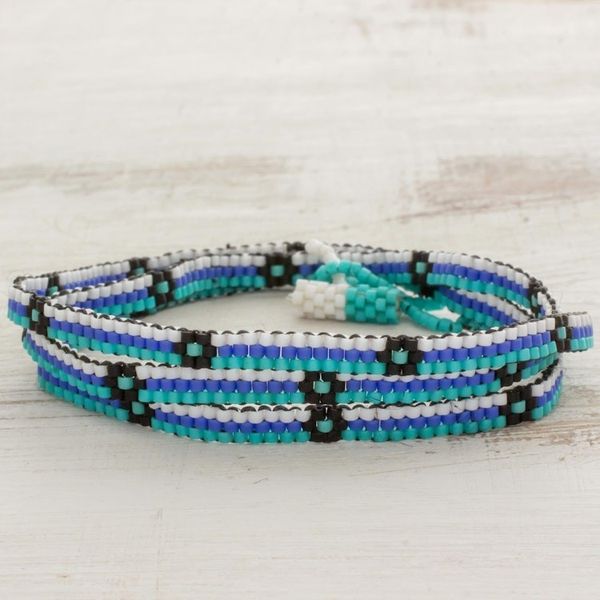 Alternate image for Blue and Black Flower and Stripes Beaded Wrap Bracelet Ocean Blooms
