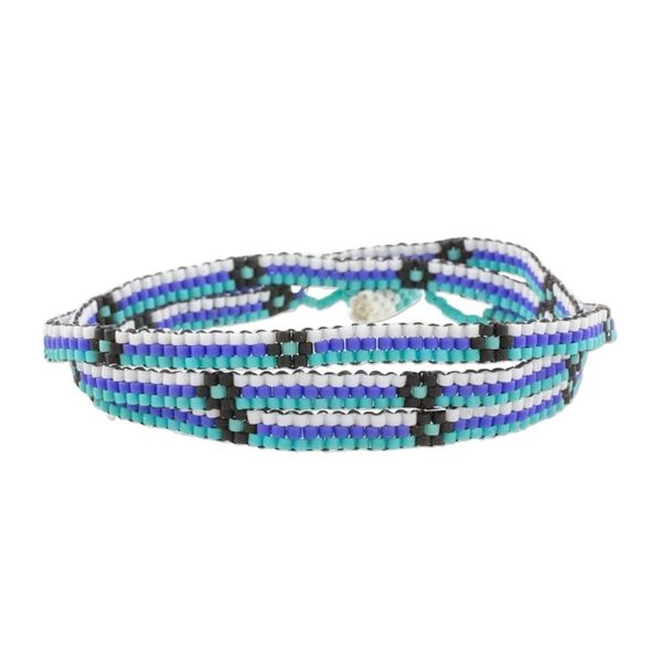 Alternate image for Blue and Black Flower and Stripes Beaded Wrap Bracelet Ocean Blooms