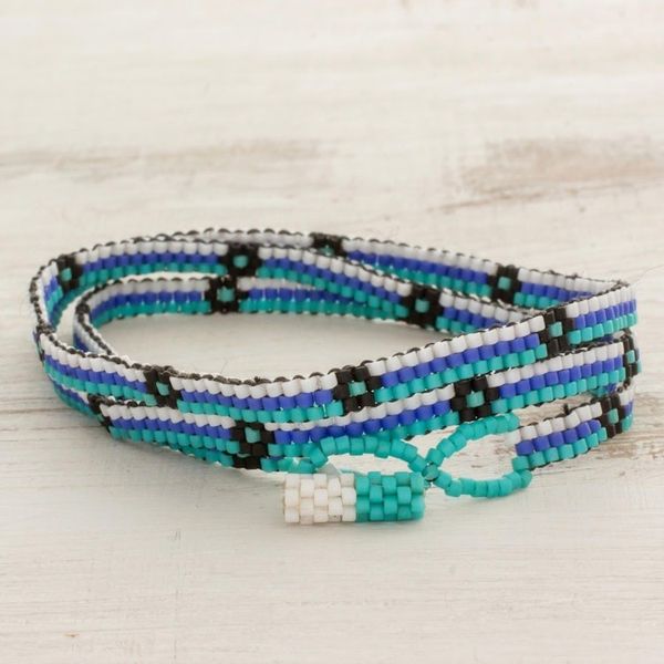 Alternate image for Blue and Black Flower and Stripes Beaded Wrap Bracelet Ocean Blooms