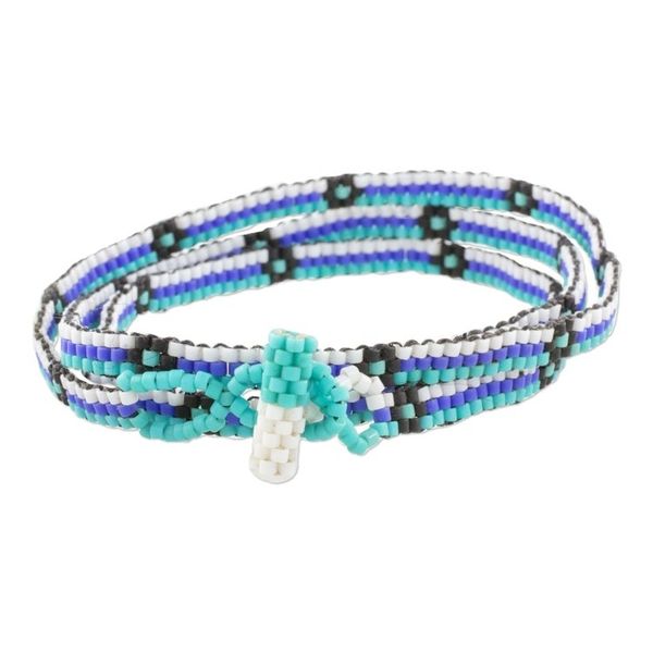 Alternate image for Blue and Black Flower and Stripes Beaded Wrap Bracelet Ocean Blooms