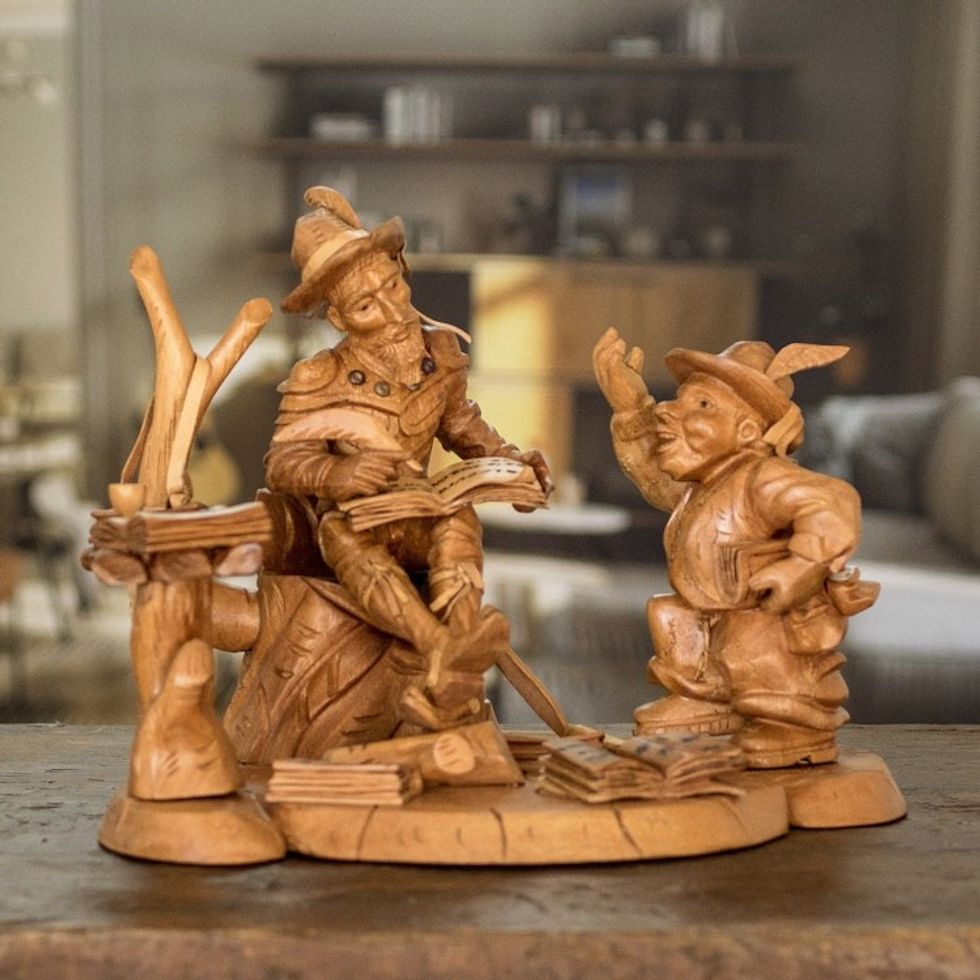 Cedar Wood Don Quixote and Sancho Panza Sculpture 'Quixote with Sancho Panza'
