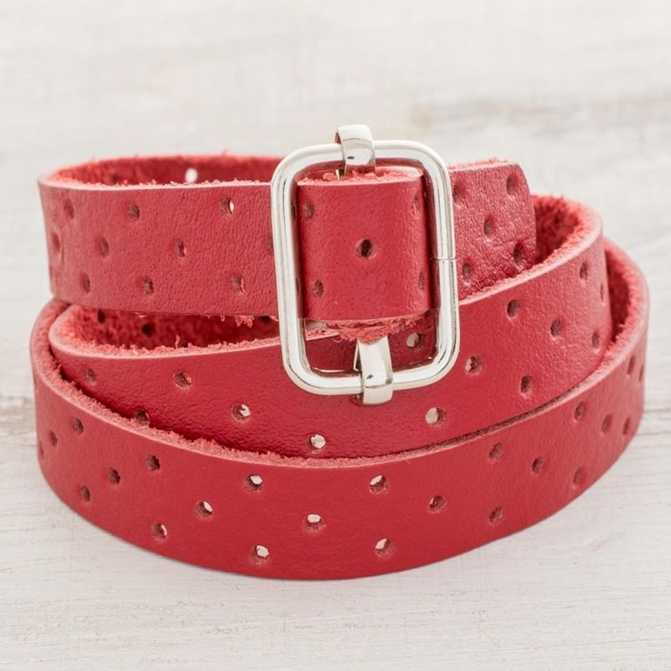 Red Leather Wrap Bracelet from Costa Rica 'Bold Illusion in Crimson'