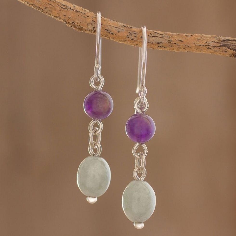 Jade and Amethyst Dangle Earrings from Guatemala 'Verdant Jacaranda'
