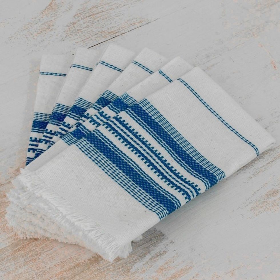 Striped 100 Cotton Napkins from Guatemala Set of 6 'Cheerful Kitchen in Blue'