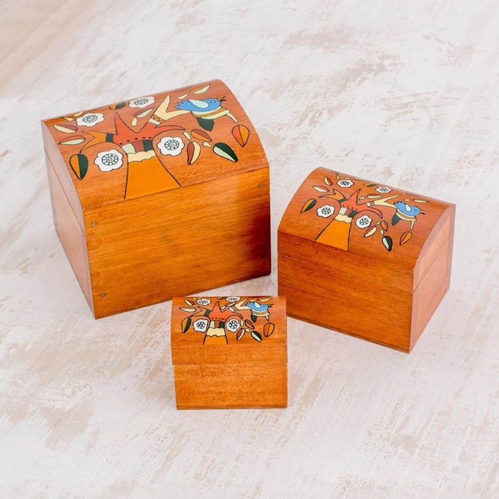 Pinewood Decorative Boxes with Bird and Tree Motifs 3 'Lively Tree'