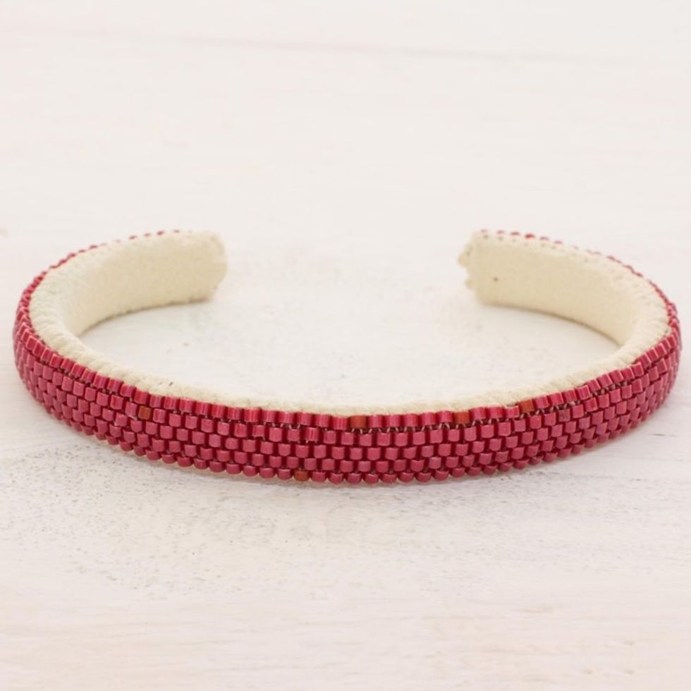 Glass Beaded Cuff Bracelet in Solid Cherry from El Salvador 'Beautiful Horizon in Cherry'