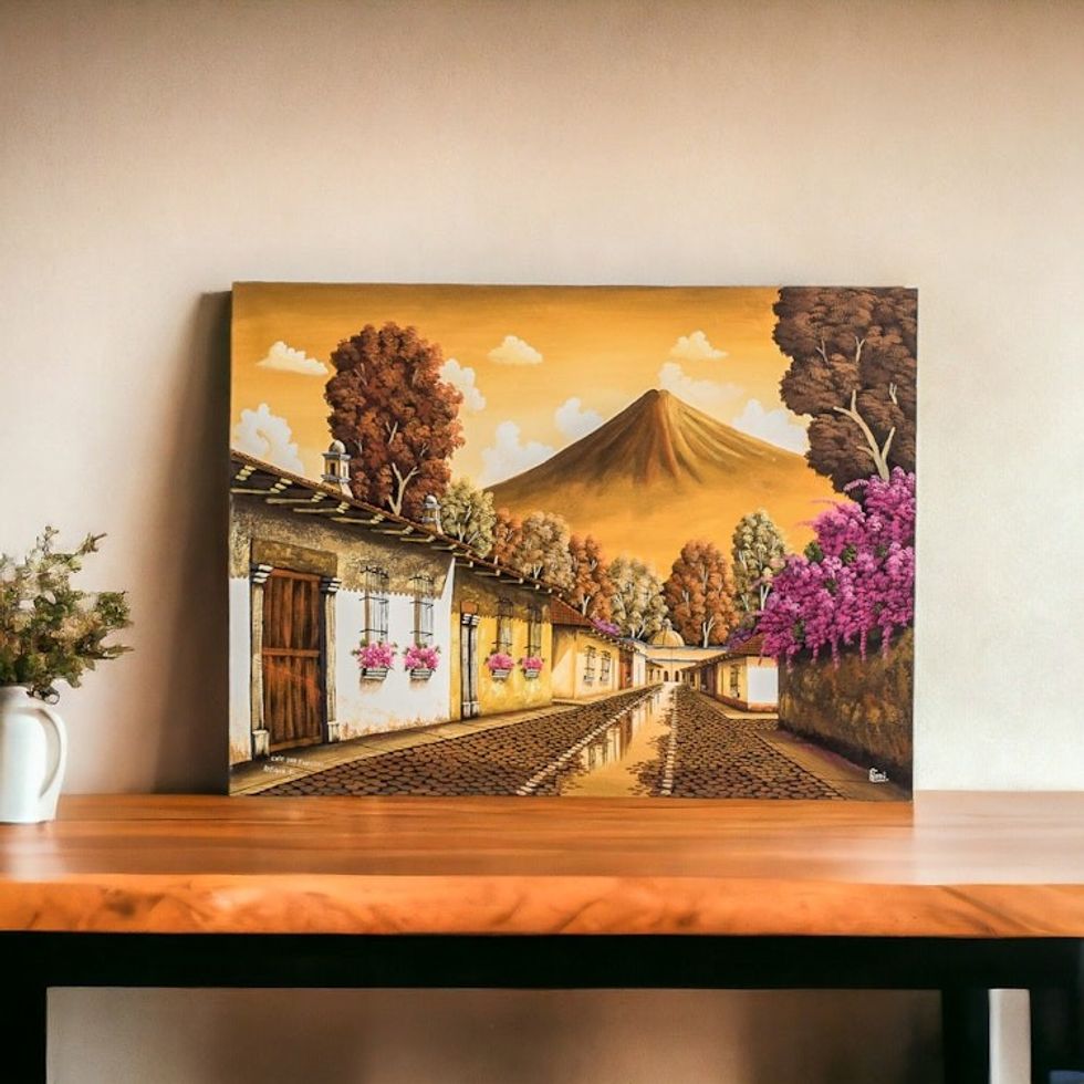 Nostalgic Oil Painting of Antigua in Sepia and Fuchsia 'San Francisco in Sepia'