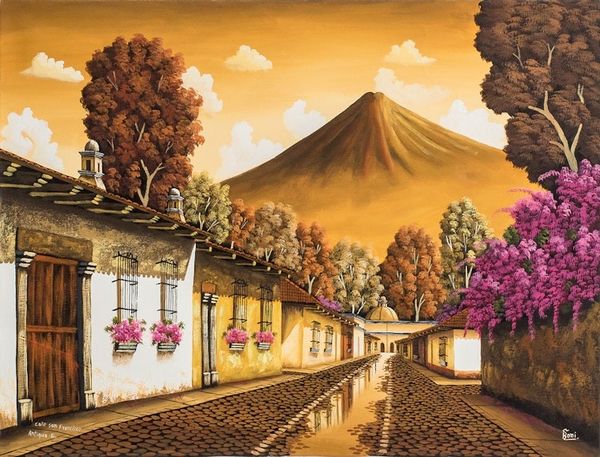 Alternate image for Nostalgic Oil Painting of Antigua in Sepia and Fuchsia San Francisco in Sepia