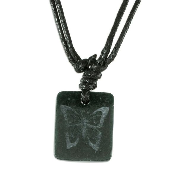 Alternate image for Black Jade Butterfly Pendant Necklace from Guatemala Mayan Butterfly