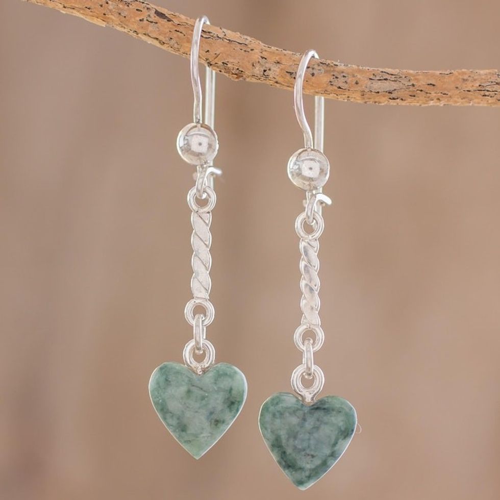 Heart-Shaped Green Jade Dangle Earrings from Guatemala 'Green Spirals of Love'