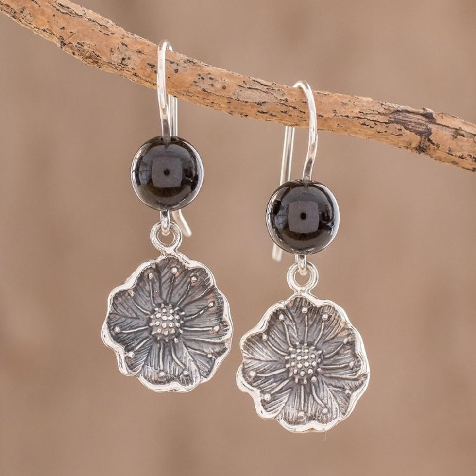 Floral Black Jade Dangle Earrings from Guatemala 'Guatemalan Flowers'