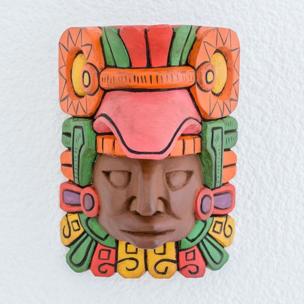 Hand Carved Painted Mayan Wood Wall Mask from Guatemala 'Mayan King'
