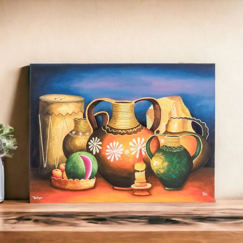 Guatemalan Still Life Painting in Oils of Folk Art Objects 'Still Life'