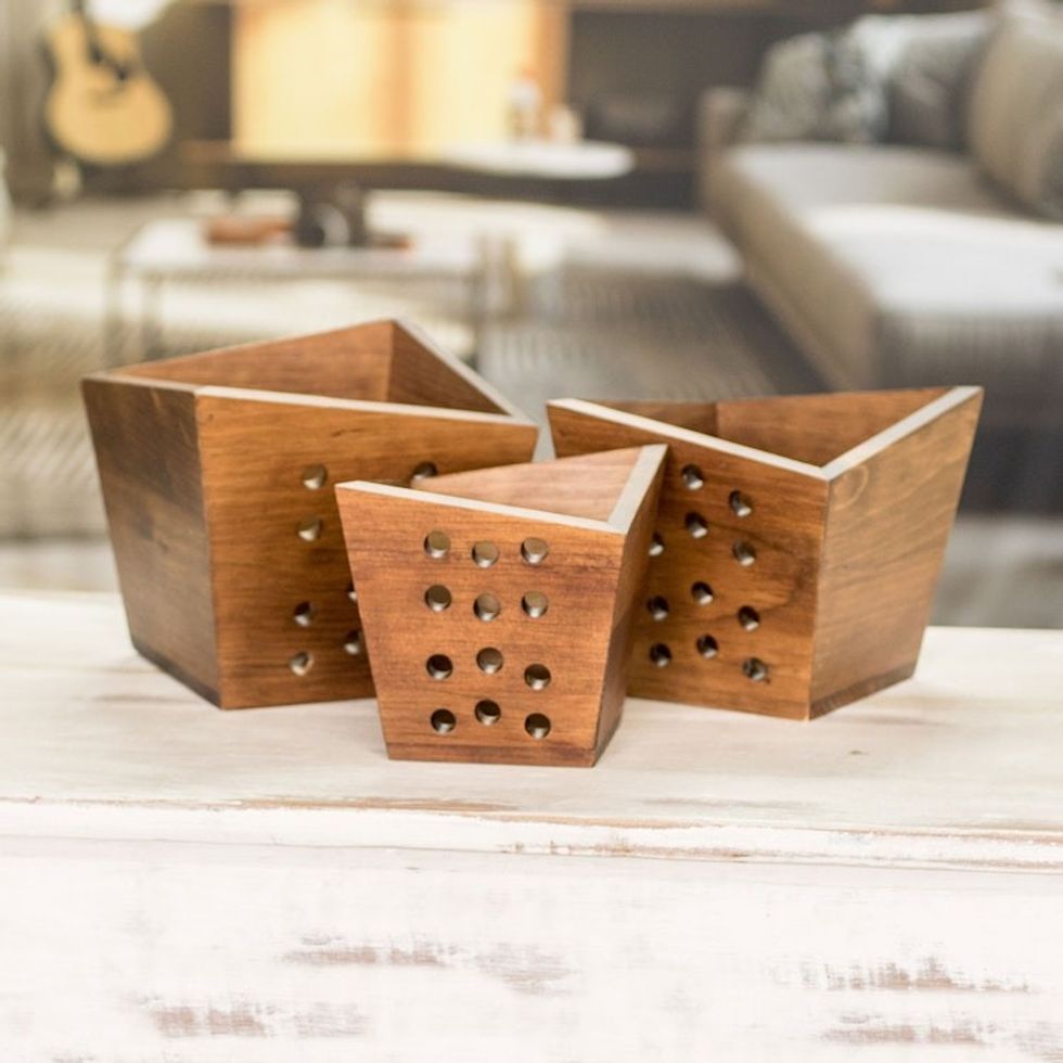 Handcrafted Wood Geometric Nesting Centerpieces Set of 3 'Star Shower'