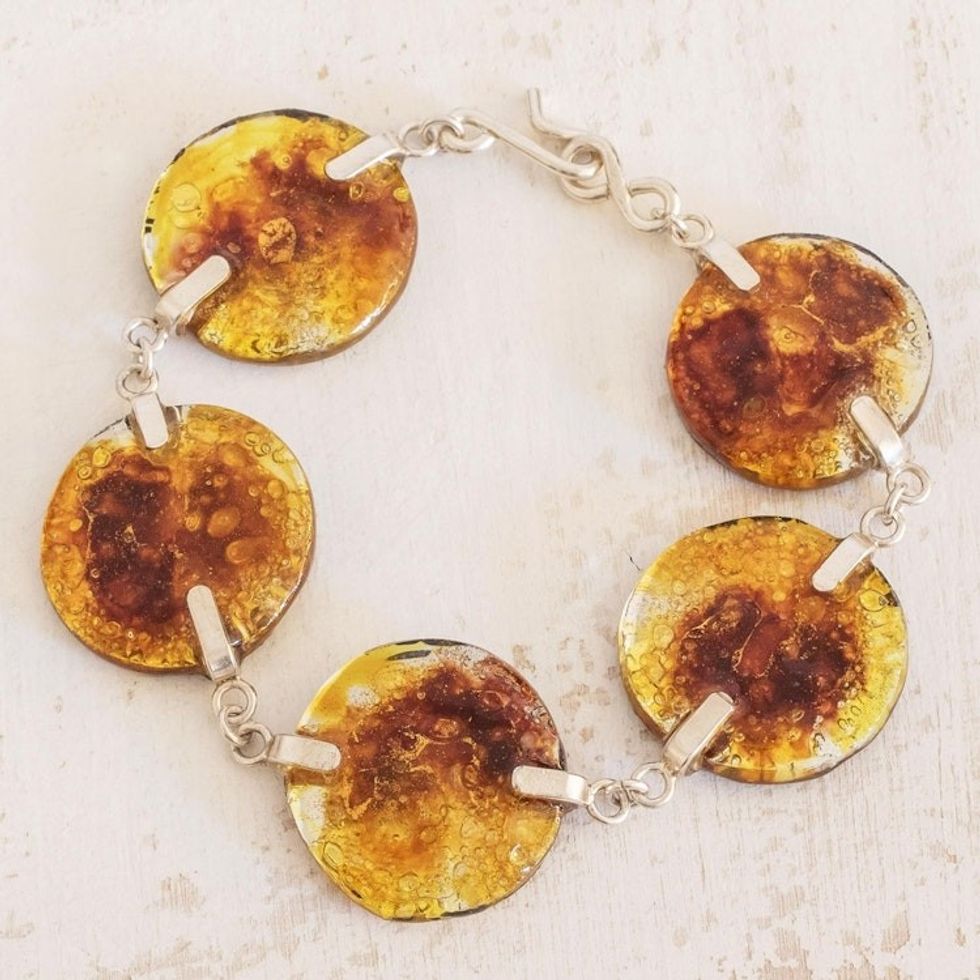 Recycled Glass Link Bracelet in Yellow from Costa Rica 'Yellow Moon'